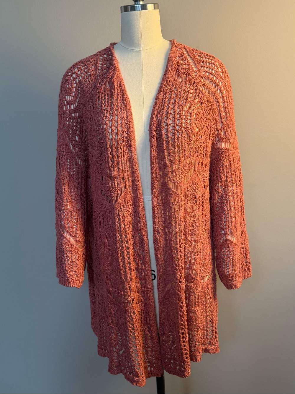 Coldwater Creek Open Crochet Knit Cardigan in Rusty Coral